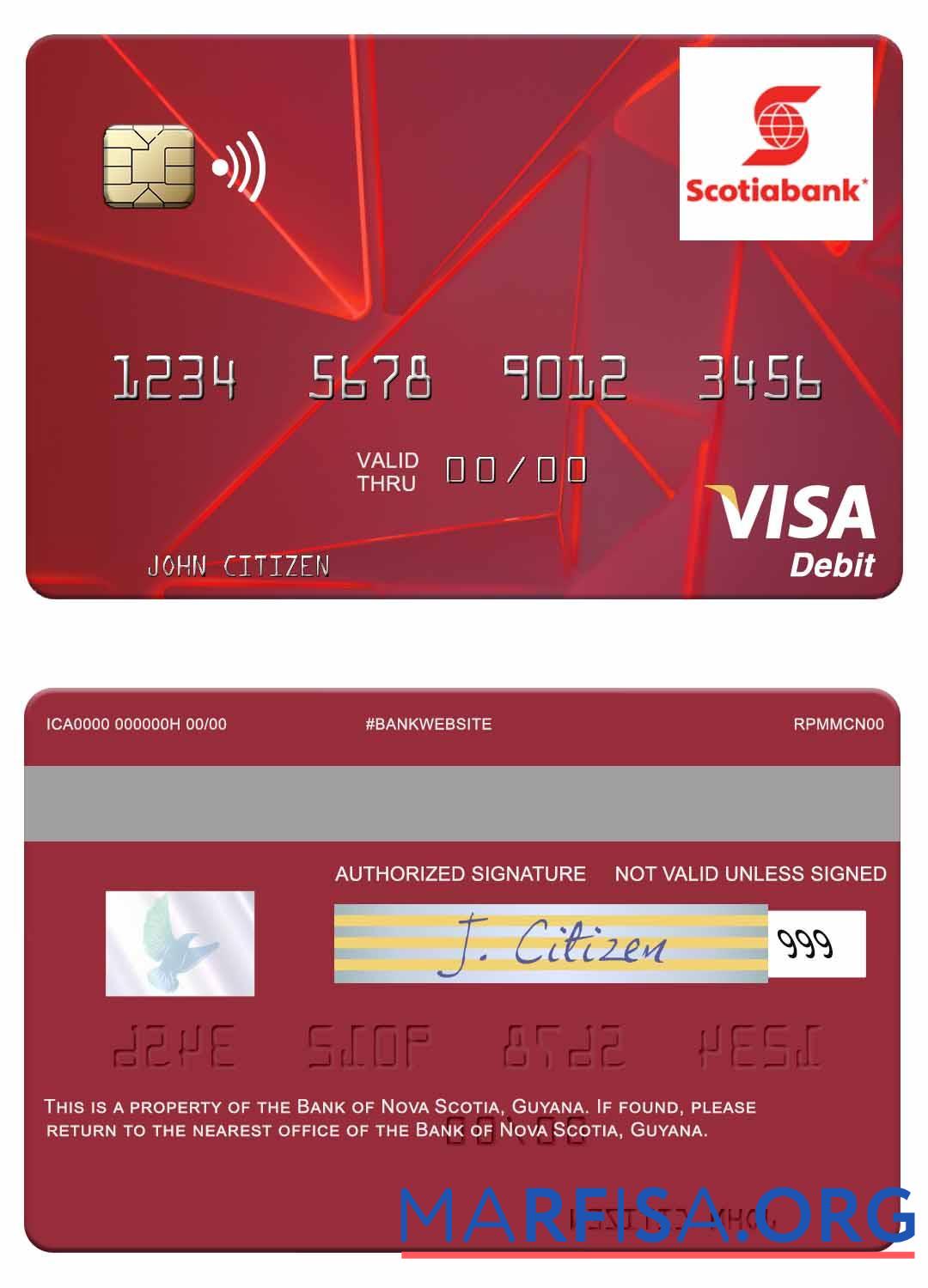 Downloadable Guyana Bank of Nova Scotia visa debit card real example